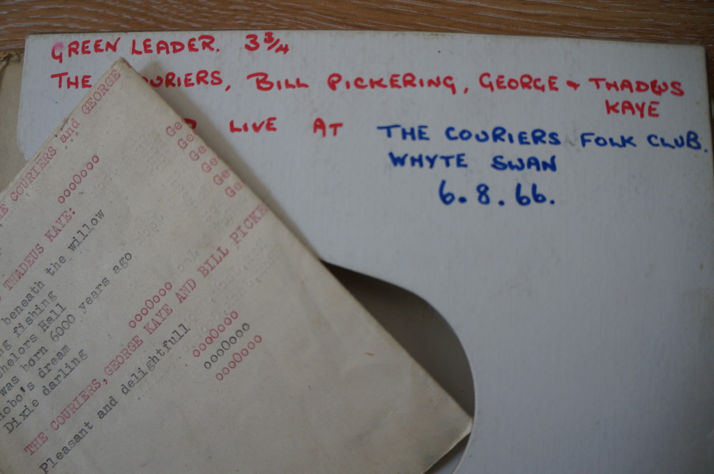 Inside of tape box, The Couriers live at the Couriers Folk Club Whyte Swan 6.8.66.