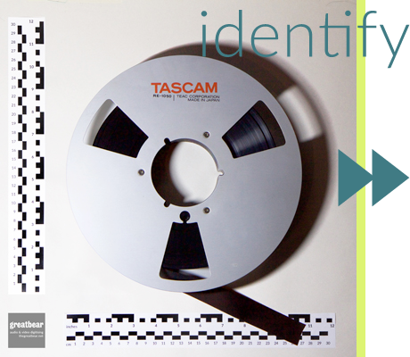 Text: Identify. Image: 1 inch audio tape on 10.5 inch Tascam spool, with ruler guides showing dimensions