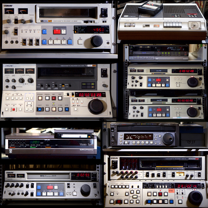 racks of various large video cassette machines, labelled in caption