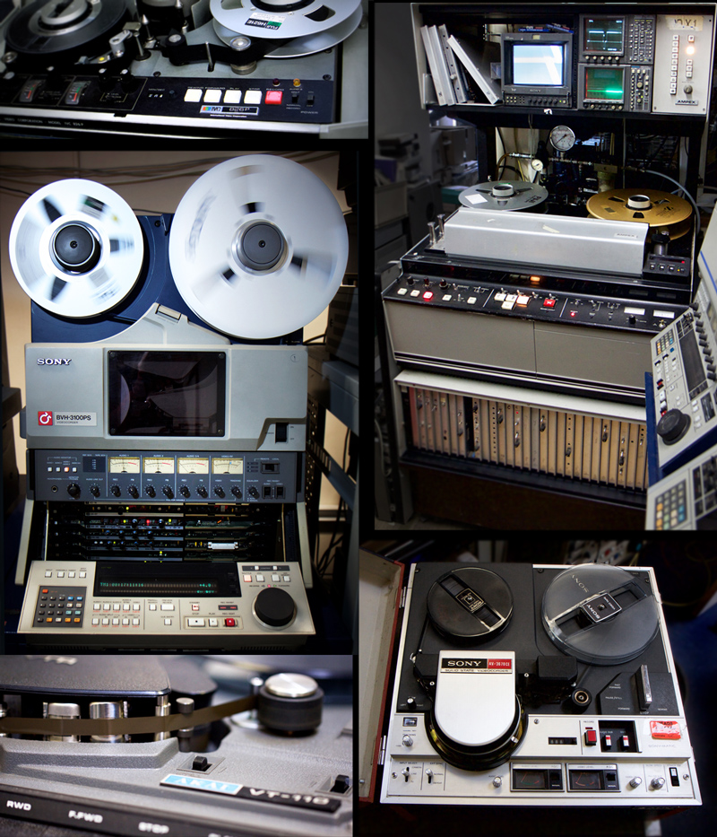 large reel-to-reel video machines with tapes of varying widths