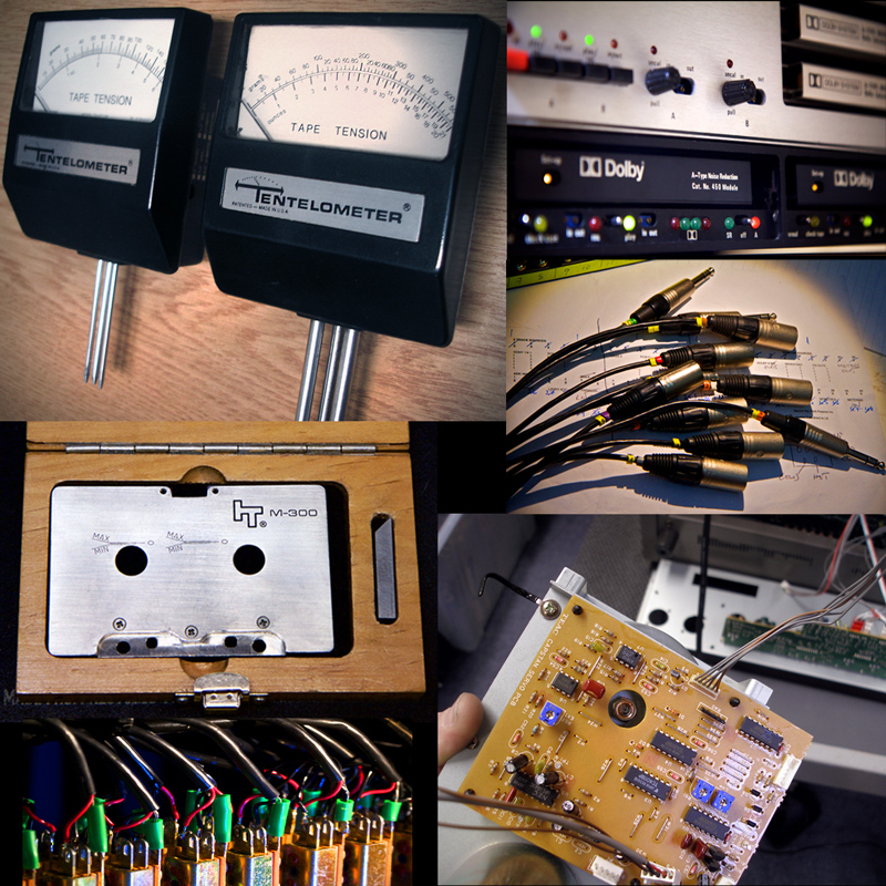 tension gauge, Dolby noise reduction machines, XLR cables and patchbay diagram, hand holding circuit board removed from tape machine, patchbay terminals, tape transport alignment gauge in wooden box.