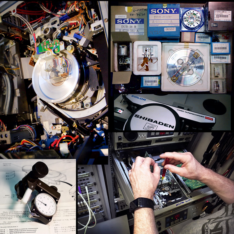 Inside U-matic VO-5850P; various rare replacement parts; Shibaden (Hitachi) SV620D 1/2" reel-to-reel; Adrian fixing Sony EVO-9800 Hi8; 1" C Format drum eccentricity & head tip penetration gauge